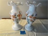 Pair of Hand Painted Milk Ruffled Edge Vases