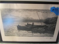 Black & White Etching of Fisherman 16.5" x 11.25"