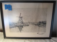 Black & White Etching of Windmill - 15" x 11.5"