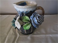 Pottery Pitcher With Applied Flowers
