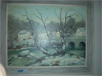 Oil On Canvas Painting of Village Scene 1954
