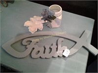 Faith sign, bird ashtry and bottles lot