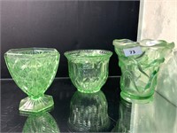 3 GREEN GLASS VASES