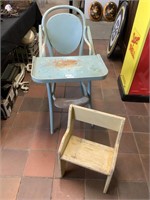 VINTAGE HIGH CHAIR AND SMALL STOOL