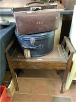 EDWARDIAN LIFT TOP PIANO STOOL, HAT BOX AND