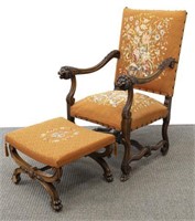 (2) FRENCH LOUIS XIV STYLE FAUTEUIL & OTTOMAN