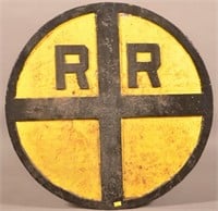 Vintage Circular Cast Iron RR Crossing Sign. Mkd O