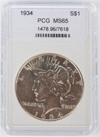 Coin 1934 Peace Silver Dollar PCG MS65