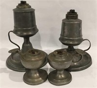 4 early pewter oil lamps