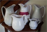 White ironstone pitchers, 5 in lot,