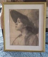 Pencil drawing of lady - framed, 1912, signed