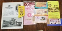 Indy 500 ticket stubs, pamphlets, press passes