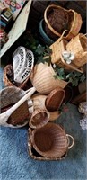 Baskets, artificial flowers, pine cones