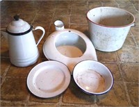 Porcelain bed pan, bucket & plate, coffee pot