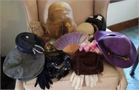 Ladies vintage hats, gloves, fan