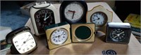 6 small alarm clocks, plastic and metal,
