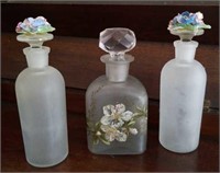 3 glass decanters, glass stoppers, decorative,