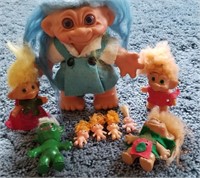 Troll dolls and bank, various sizes,