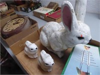 3 cement rabbits & wind chime