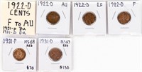 Coin 5 Key Date Lincoln Cents 1922-D, 1931 & 31D