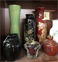 1A - LOT OF 6 VASES; RED, BLACK, GREEN