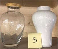 5 -  TWO VASES; CLEAR GLASS, WHITE CERAMIC