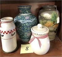 8 - 2 FARM STYLE POTS; 2 ASIAN STYLE VASES