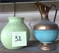 31 -  2 VASES; GREEN, BLUE WITH GOLD TONE