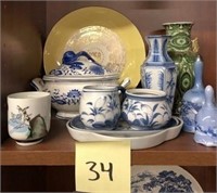 34 -  BLUE/CHITE TEA  SET; BLUE/GREEN VASES, BELLS