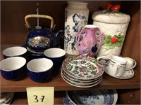 37 - BLUE TEA SET, VASES, ASIAN PLATES, ETC