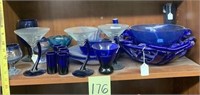 176 - SHELF LOT OF BLUE GLASS - SEE PICTURES