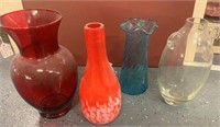 60 - 4 VASES; RED, ORANGE, BLUE, CLEAR GLASS