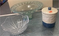 107 - GLASS BOWLS; BLUE/WHITE COVERED JAR
