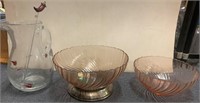 131 - BEAUTIFUL PINK GLASS BOWLS; CLEAR PITCHER
