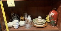 44 - MIXED LOT; SMALL VASES; LG RED VASE; CUPS