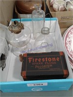 Kerosene finger lamp, Firestone spark plug boxes,