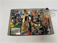 Box Lot assorted small toys, pins, die cast cars