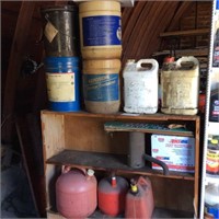 Shelf Lot of Containers, Gas Cans