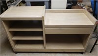 Blonde wood shelf with drawer on wheels