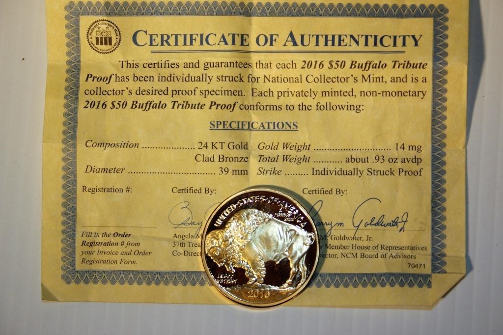 24KT Gold 2016 $50 Buffalo Tribute Proof Coin | Big Al's Auction