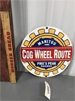 Cog Wheel Rout porcelian sign-approx 10"across