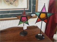 PAIR OF METAL STAR CANDLEHOLDERS WITH GLASS PANELS