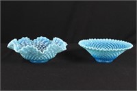 Two Blue Opalescent Hobnail Bowls 11" & 9 3/4"