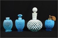 Four Fenton Blue Hobnail Perfume Bottles