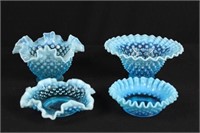 2 Blue Fenton Hobnail Ruffled Bowls & Under Plates