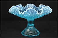 Fenton Blue Opalescent Hobnail Footed Bowl 11 1/2"