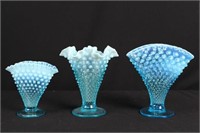 Three Fenton Blue Opalescent Hobnail Vases