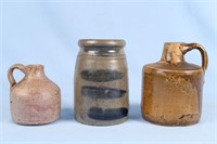 Two Small Stoneware Jugs and Cobalt Slip Jar