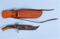Bowie Knife with Stag Handle and Leather Sheath