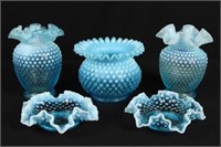 3 Fenton Blue Opalescent Hobnail Vases, 2 Plates